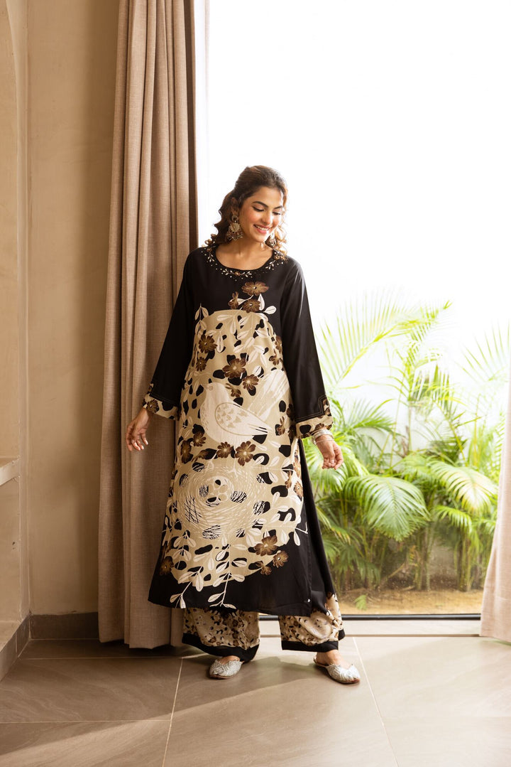 Nehamta Women's Black German Rayon Kurta & Palazzo Set