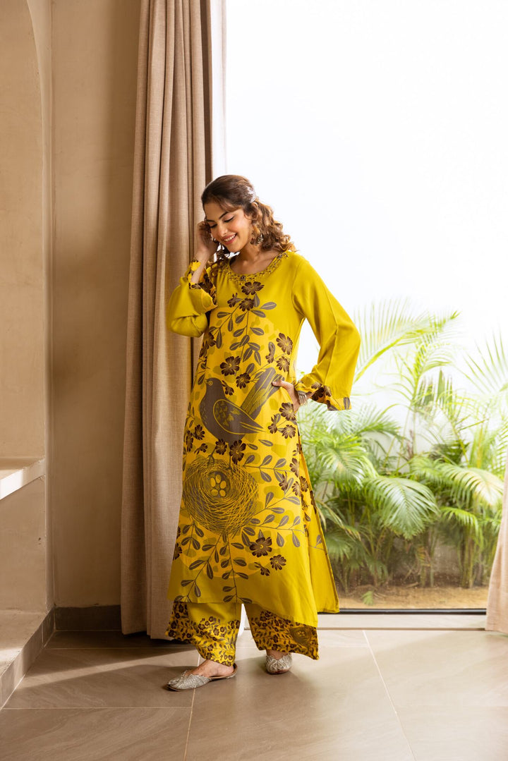 Nehamta Women's Lime Green German Rayon Kurta & Palazzo Set