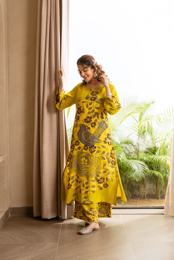 Nehamta Women's Lime Green German Rayon Kurta & Palazzo Set