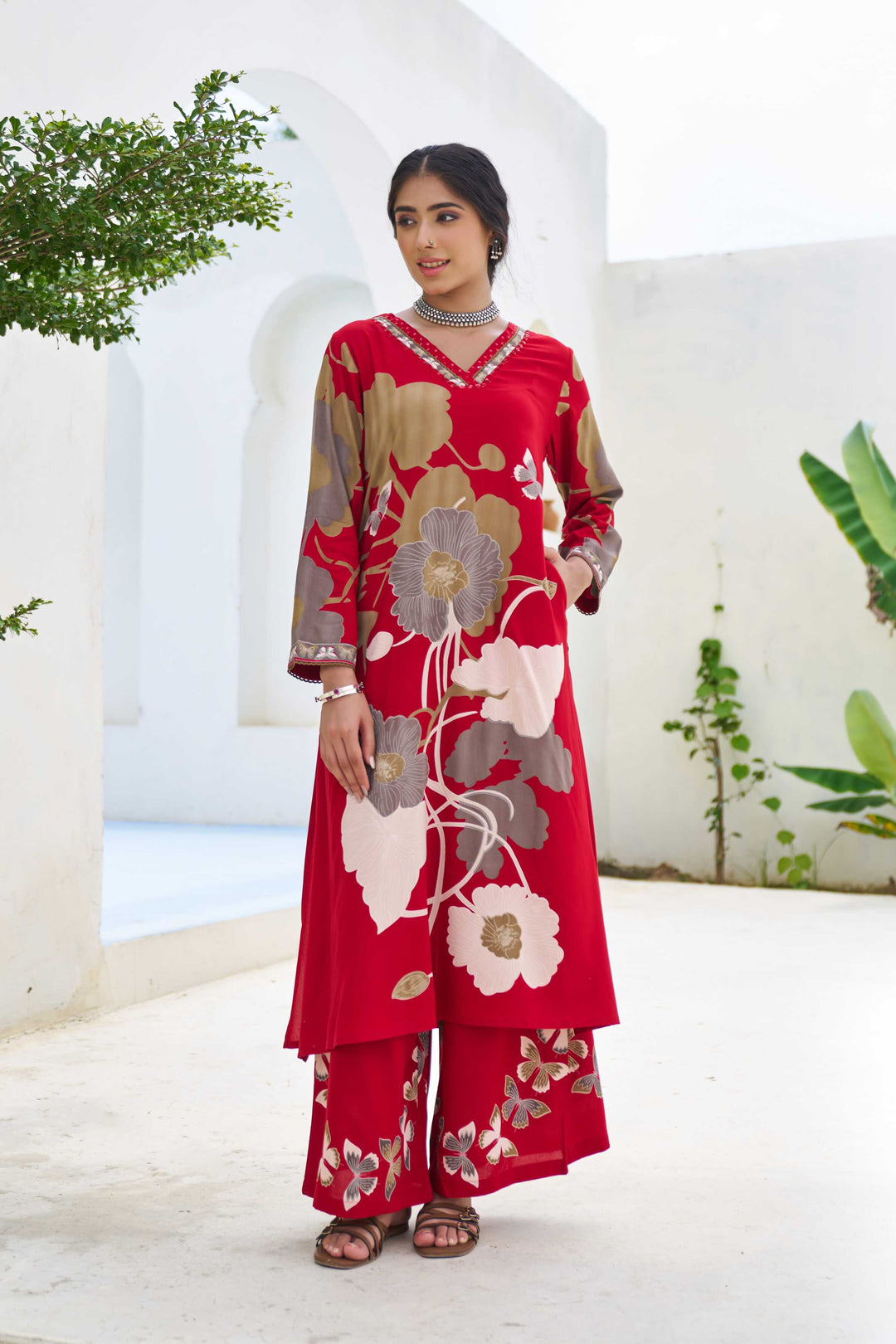 Nehamta Women's Red German Rayon Kurta & Palazzo Set