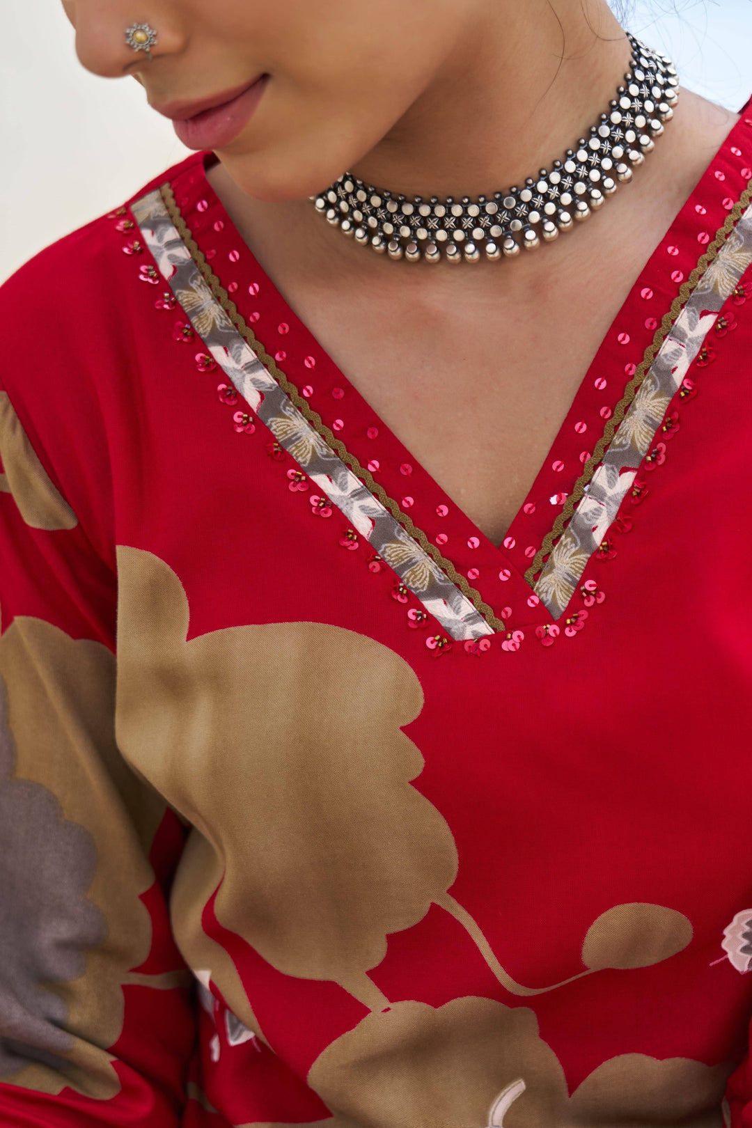 Nehamta Women's Red German Rayon Kurta & Palazzo Set