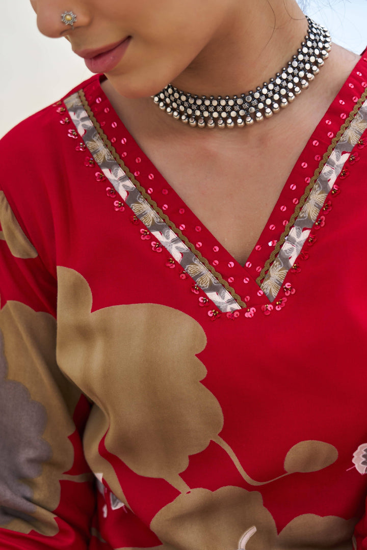 Nehamta Women's Red German Rayon Kurta & Palazzo Set