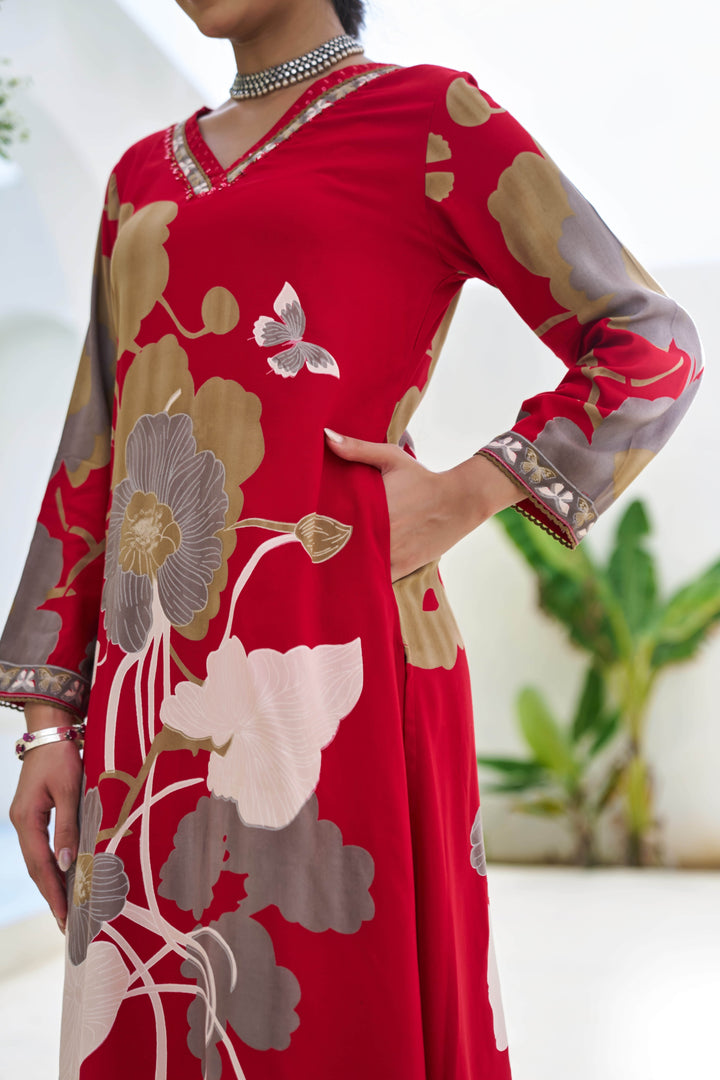 Nehamta Women's Red German Rayon Kurta & Palazzo Set