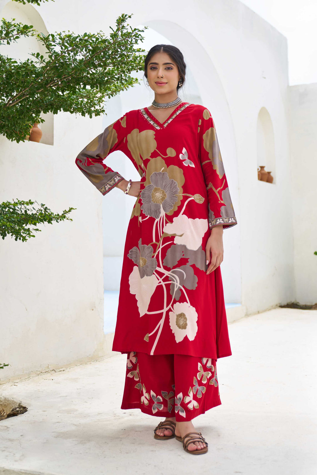 Nehamta Women's Red German Rayon Kurta & Palazzo Set