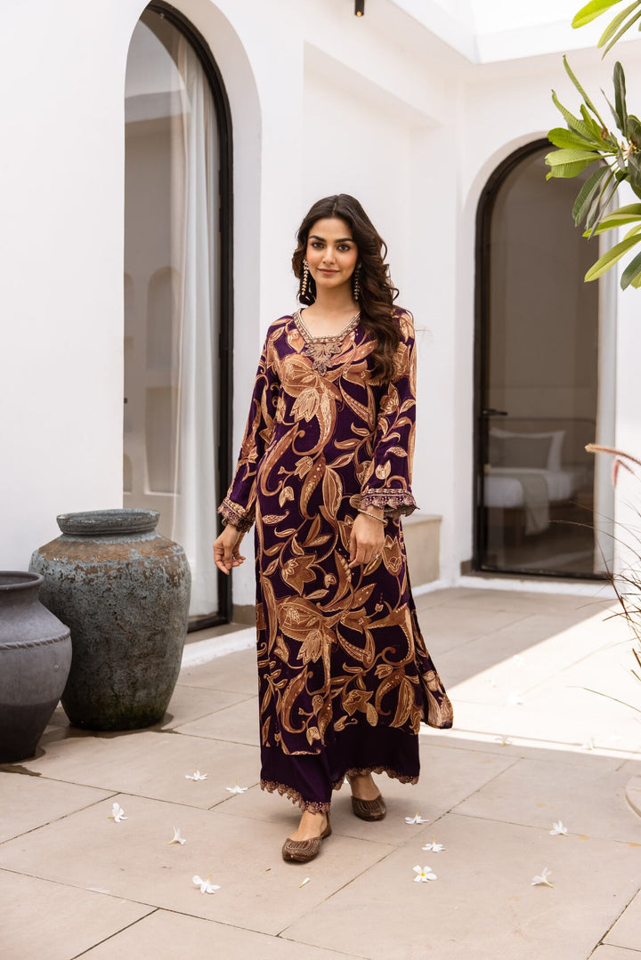 Nehamta Women's Purple German Rayon Kurta & Palazzo Set