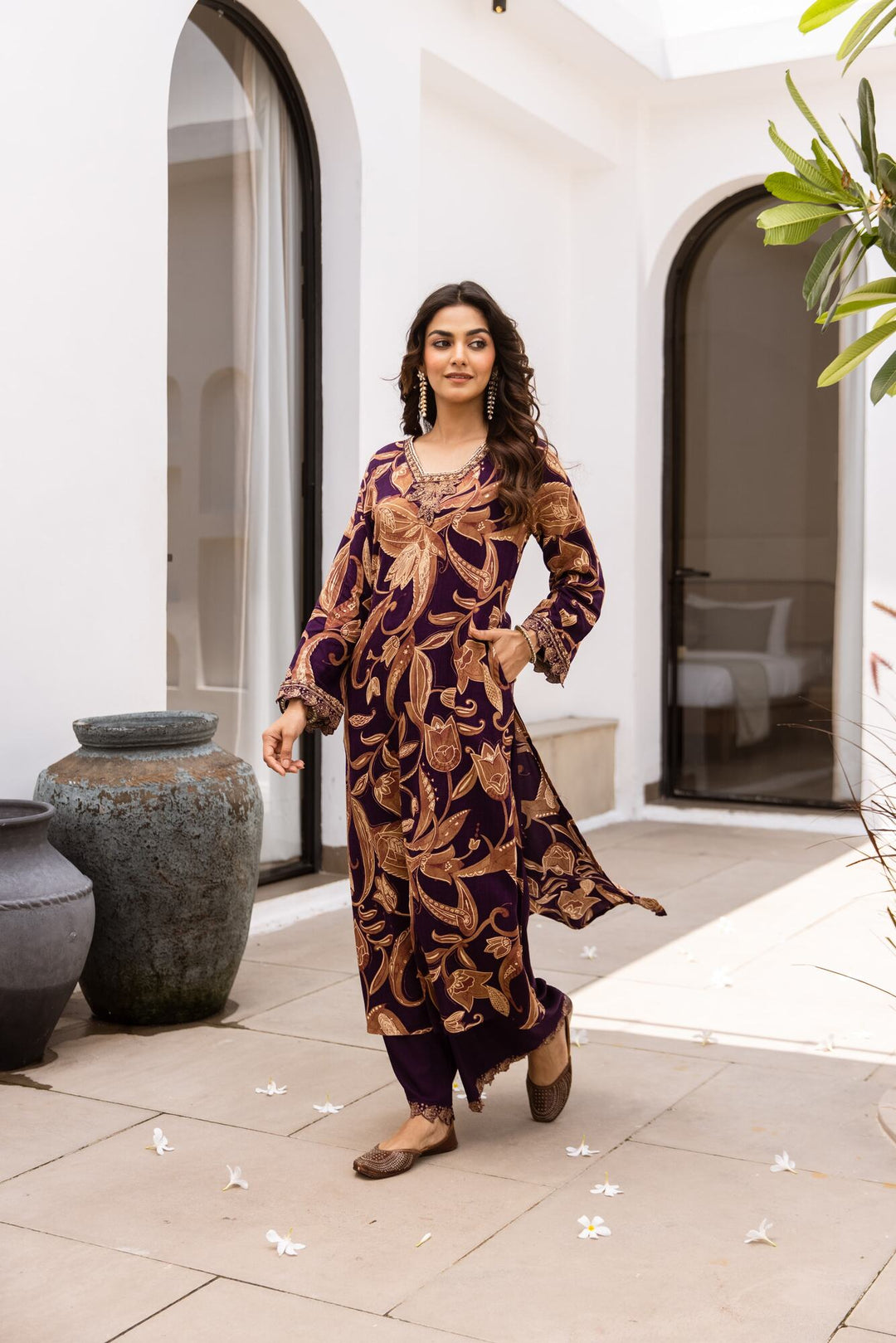 Nehamta Women's Purple German Rayon Kurta & Palazzo Set