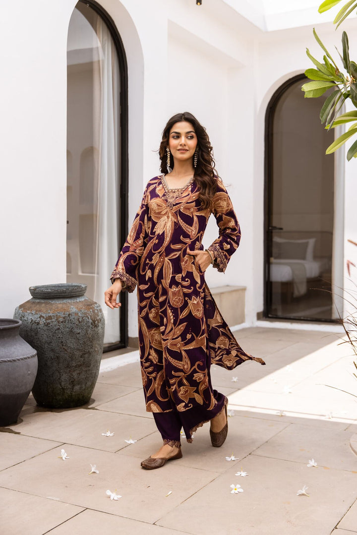 Nehamta Women's Purple German Rayon Kurta & Palazzo Set