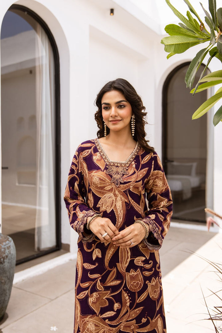 Nehamta Women's Purple German Rayon Kurta & Palazzo Set