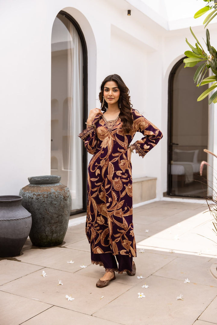 Nehamta Women's Purple German Rayon Kurta & Palazzo Set