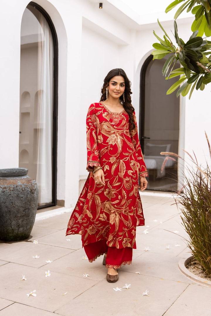 Nehamta Women's Red German Rayon Kurta & Palazzo Set