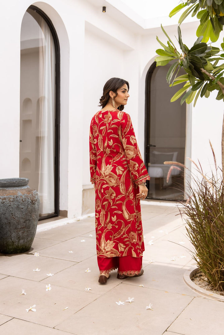 Nehamta Women's Red German Rayon Kurta & Palazzo Set