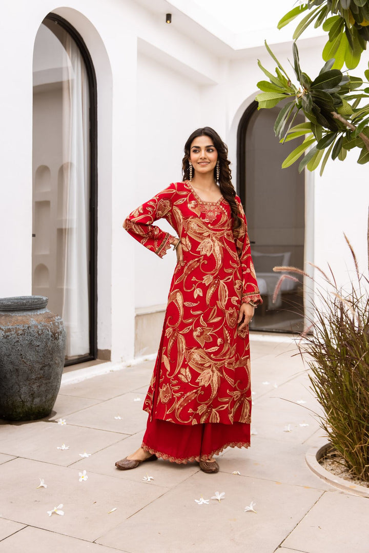 Nehamta Women's Red German Rayon Kurta & Palazzo Set