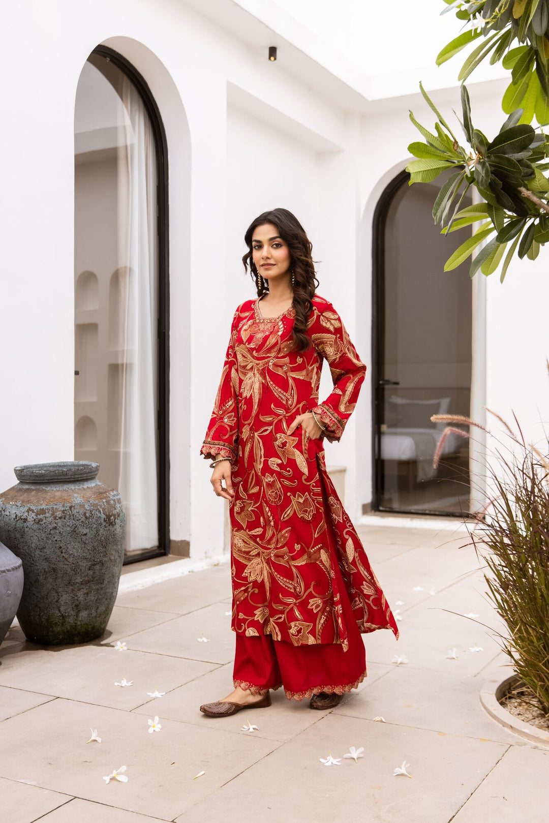 Nehamta Women's Red German Rayon Kurta & Palazzo Set