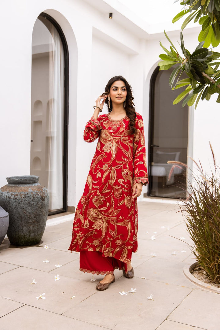 Nehamta Women's Red German Rayon Kurta & Palazzo Set