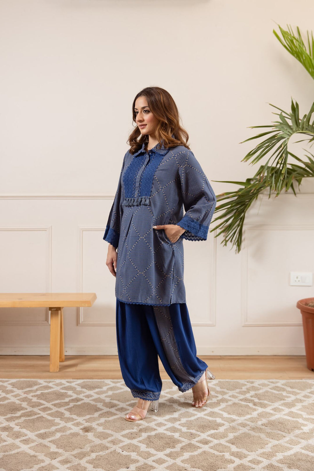 Nehamta Women's Blue German Rayon Tunic & Salwar Set