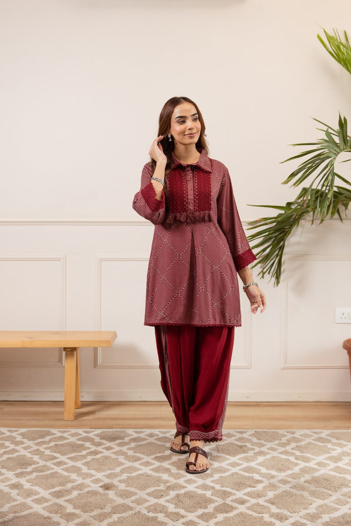 Nehamta Women's Maroon German Rayon Tunic & Salwar Set