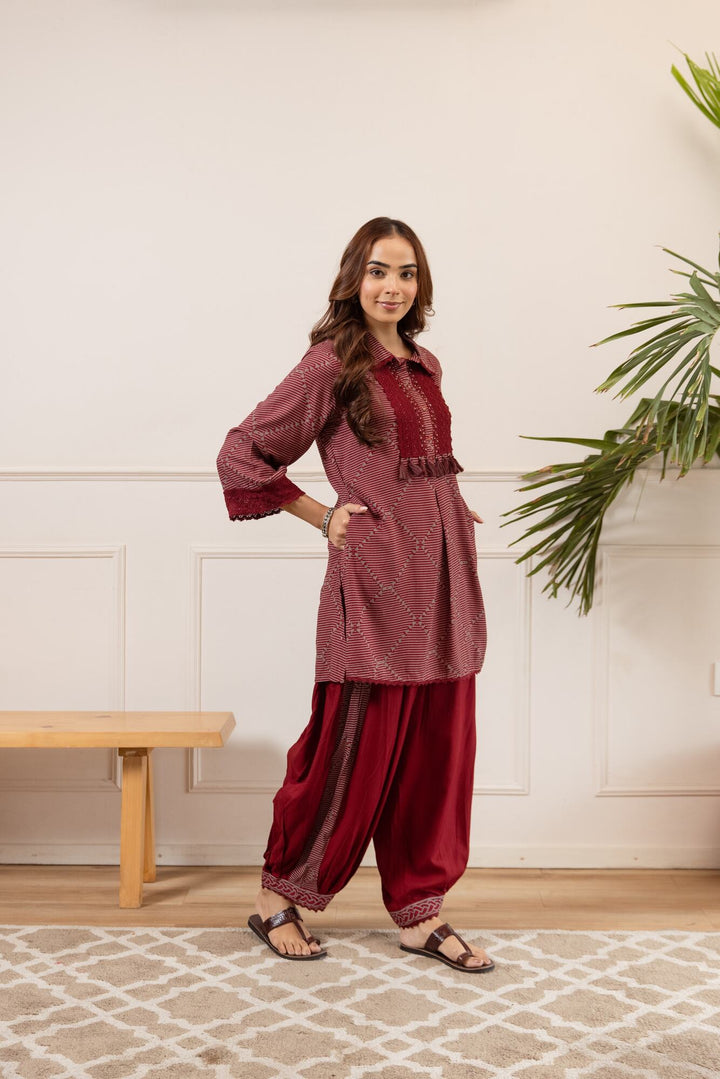 Nehamta Women's Maroon German Rayon Tunic & Salwar Set