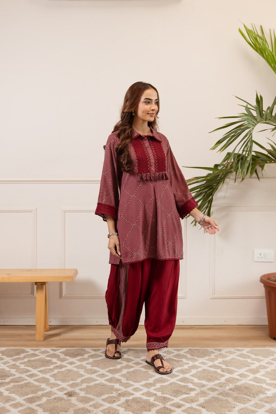 Nehamta Women's Maroon German Rayon Tunic & Salwar Set