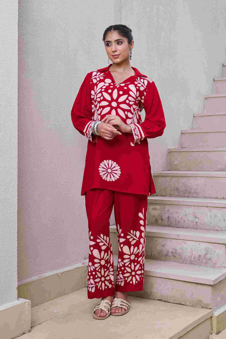 Nehamta Women's Red German Rayon Tunic & 1 Pant Co-Ords Set