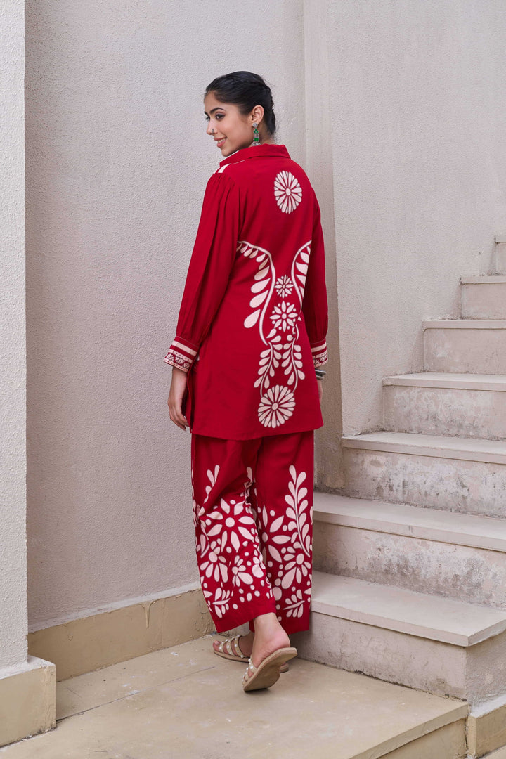 Nehamta Women's Red German Rayon Tunic & 1 Pant Co-Ords Set