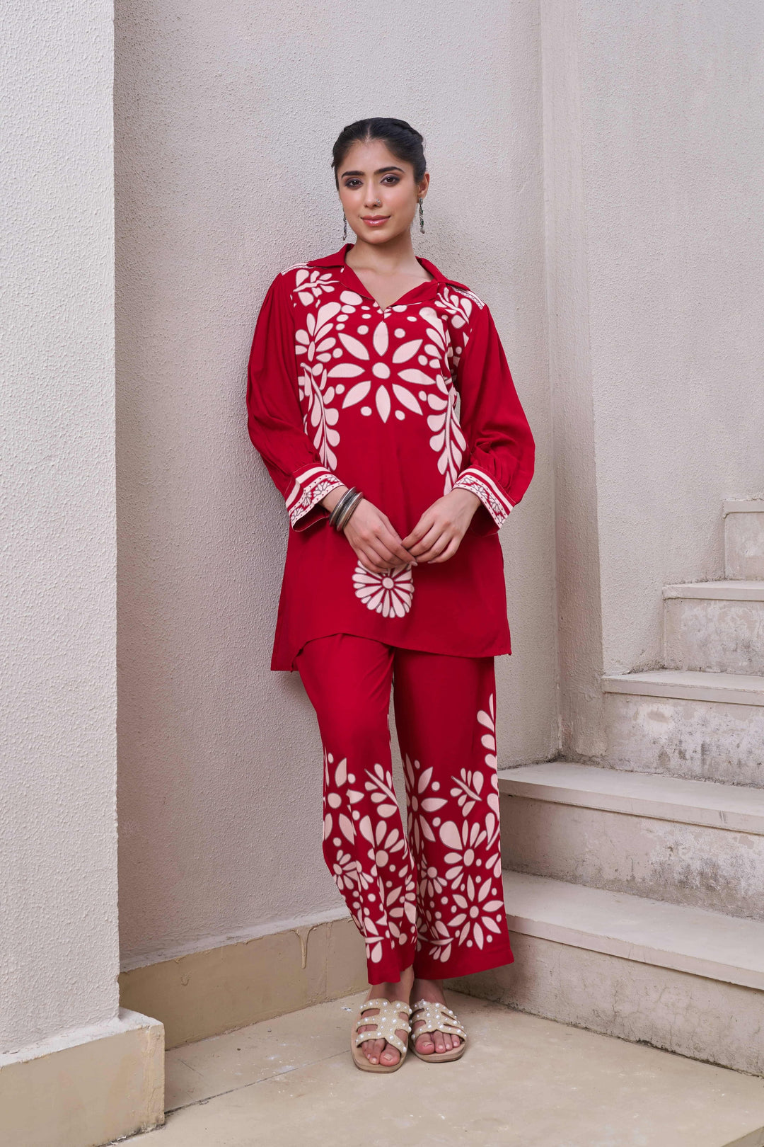 Nehamta Women's Red German Rayon Tunic & 1 Pant Co-Ords Set