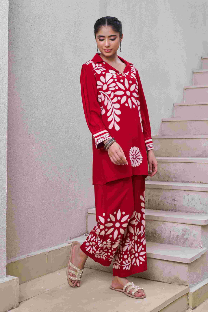 Nehamta Women's Red German Rayon Tunic & 1 Pant Co-Ords Set