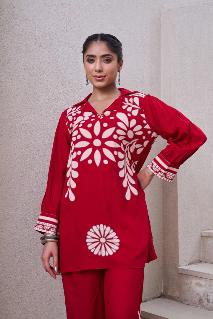 Nehamta Women's Red German Rayon Tunic & 1 Pant Co-Ords Set