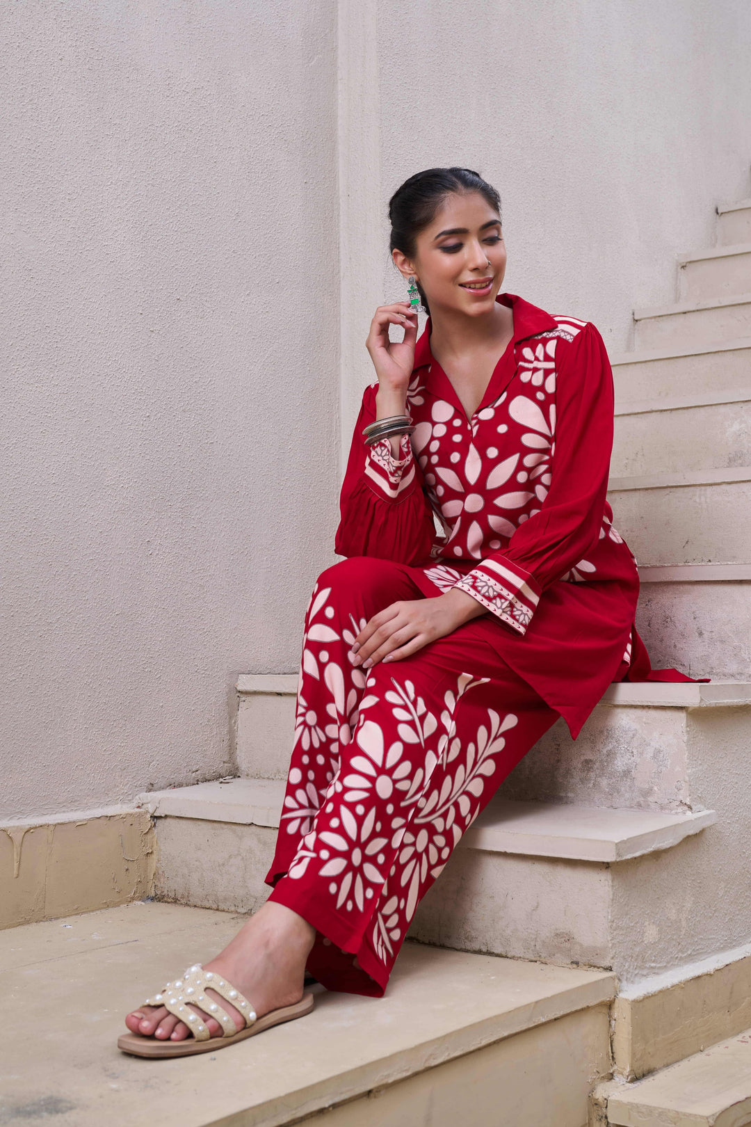 Nehamta Women's Red German Rayon Tunic & 1 Pant Co-Ords Set