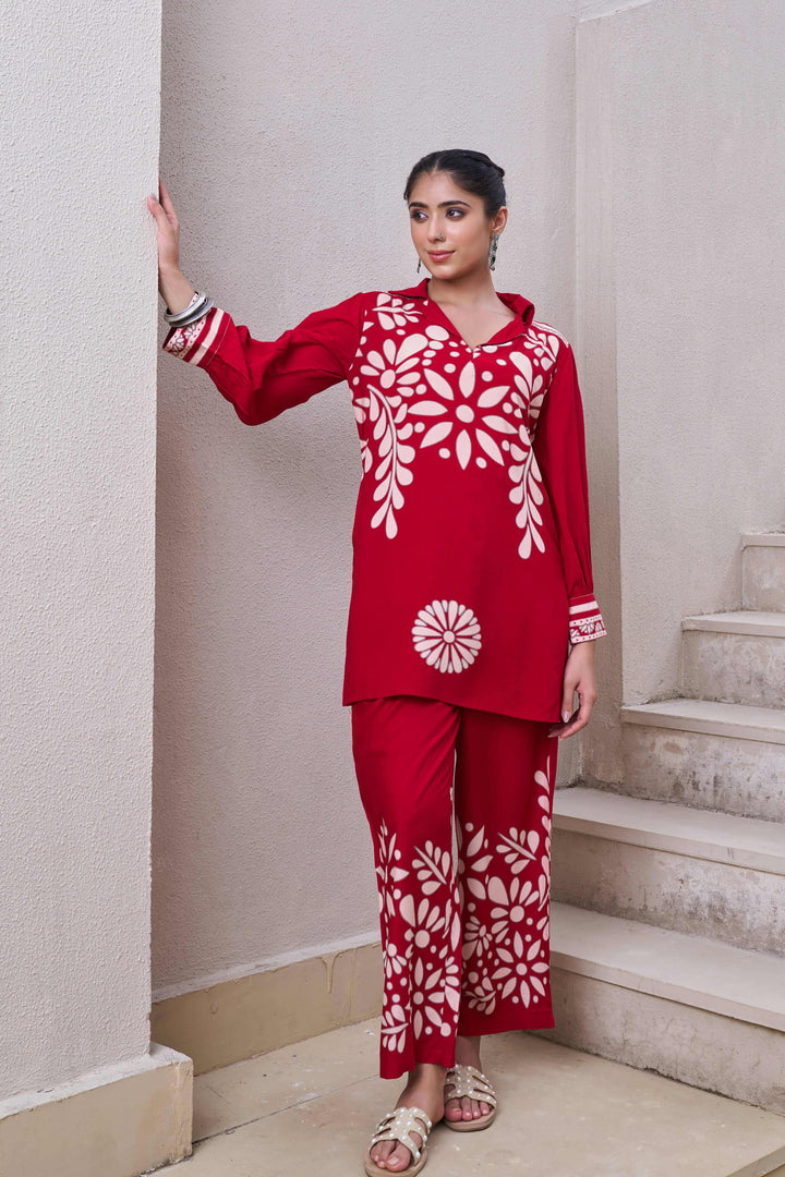 Nehamta Women's Red German Rayon Tunic & 1 Pant Co-Ords Set