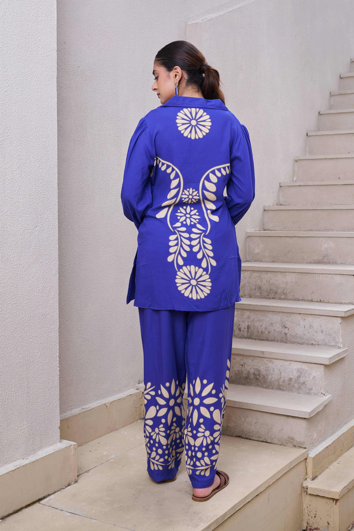 Nehamta Women's Blue German Rayon Tunic & 1 Pant Co-Ords Set