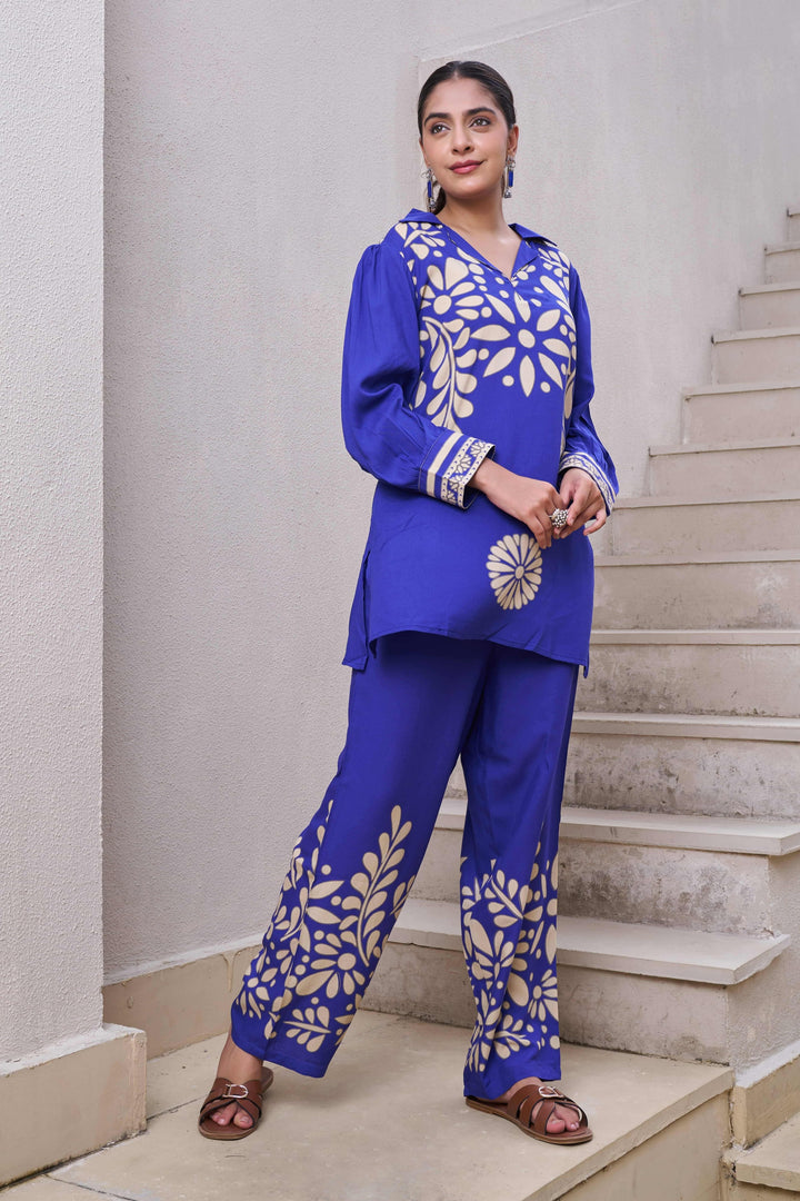 Nehamta Women's Blue German Rayon Tunic & 1 Pant Co-Ords Set