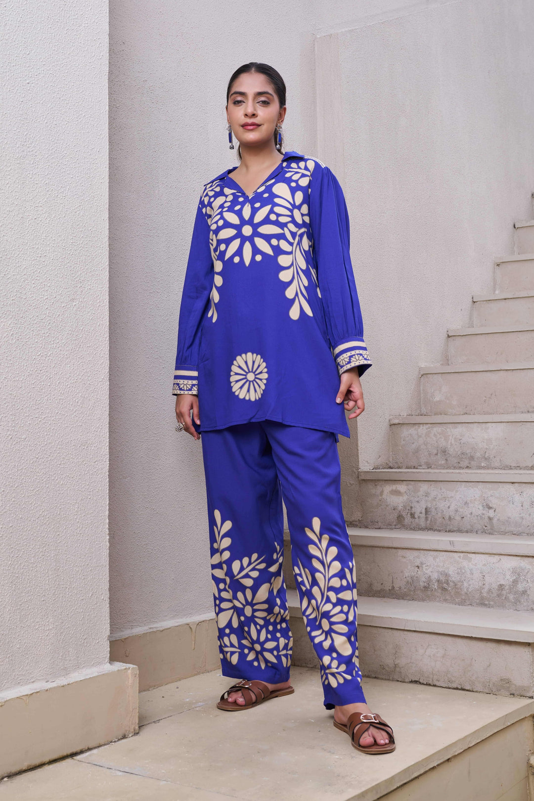 Nehamta Women's Blue German Rayon Tunic & 1 Pant Co-Ords Set