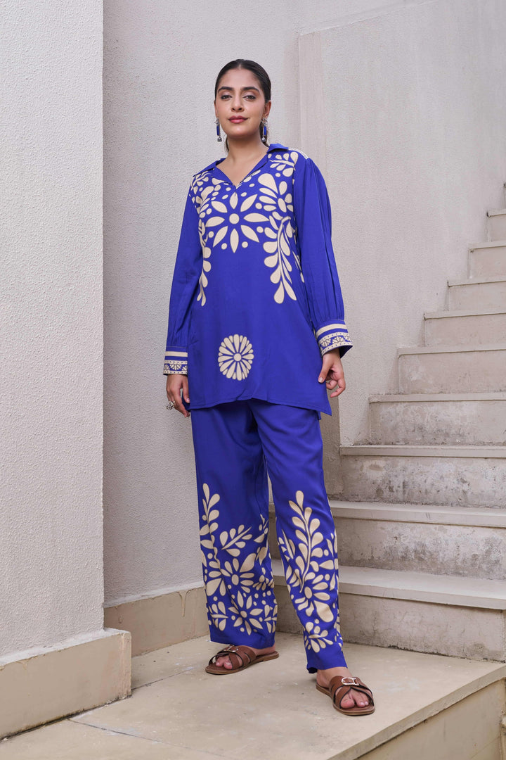 Nehamta Women's Blue German Rayon Tunic & 1 Pant Co-Ords Set