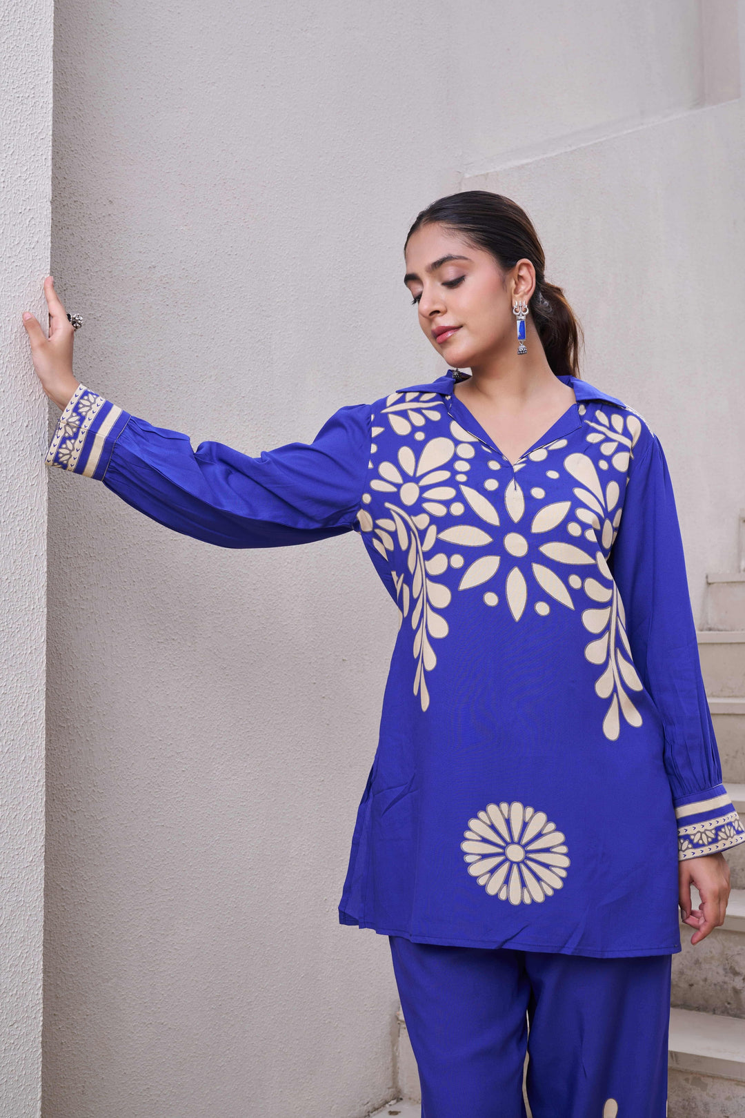 Nehamta Women's Blue German Rayon Tunic & 1 Pant Co-Ords Set