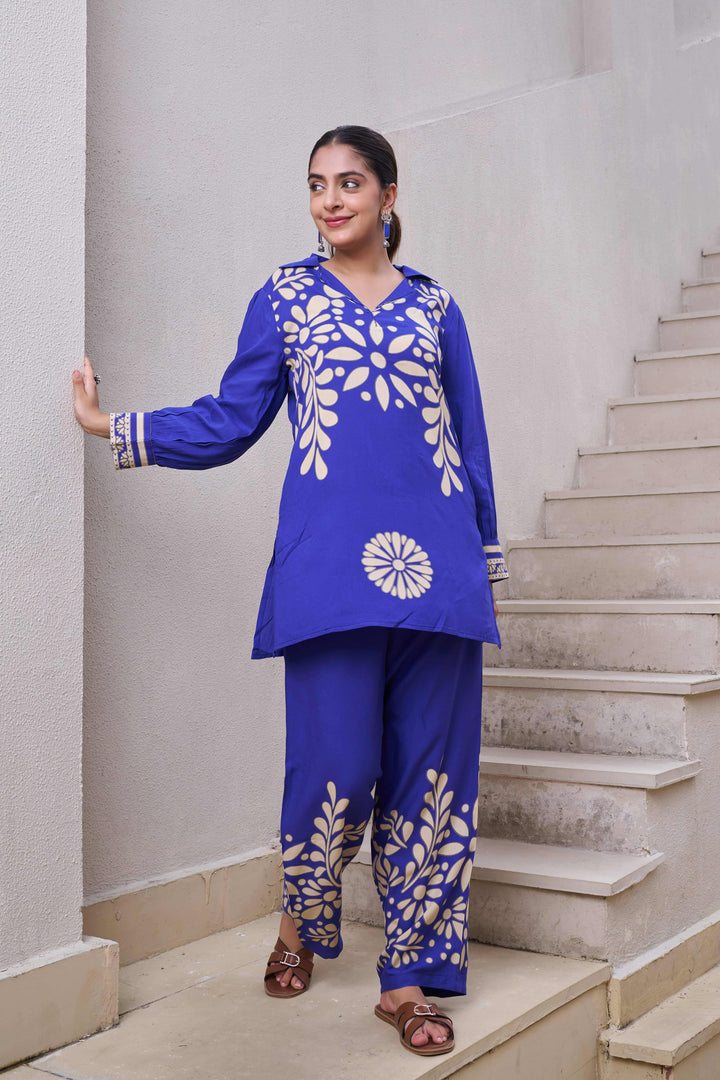 Nehamta Women's Blue German Rayon Tunic & 1 Pant Co-Ords Set