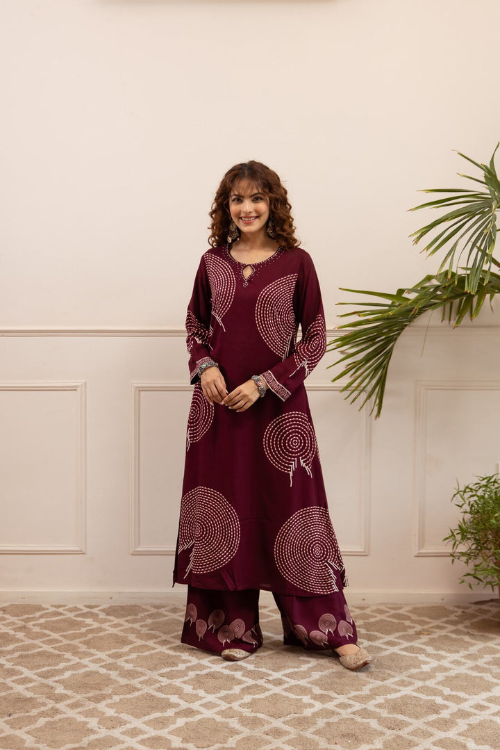 Nehamta Women's Wine German Rayon Kurta & Palazzo Set
