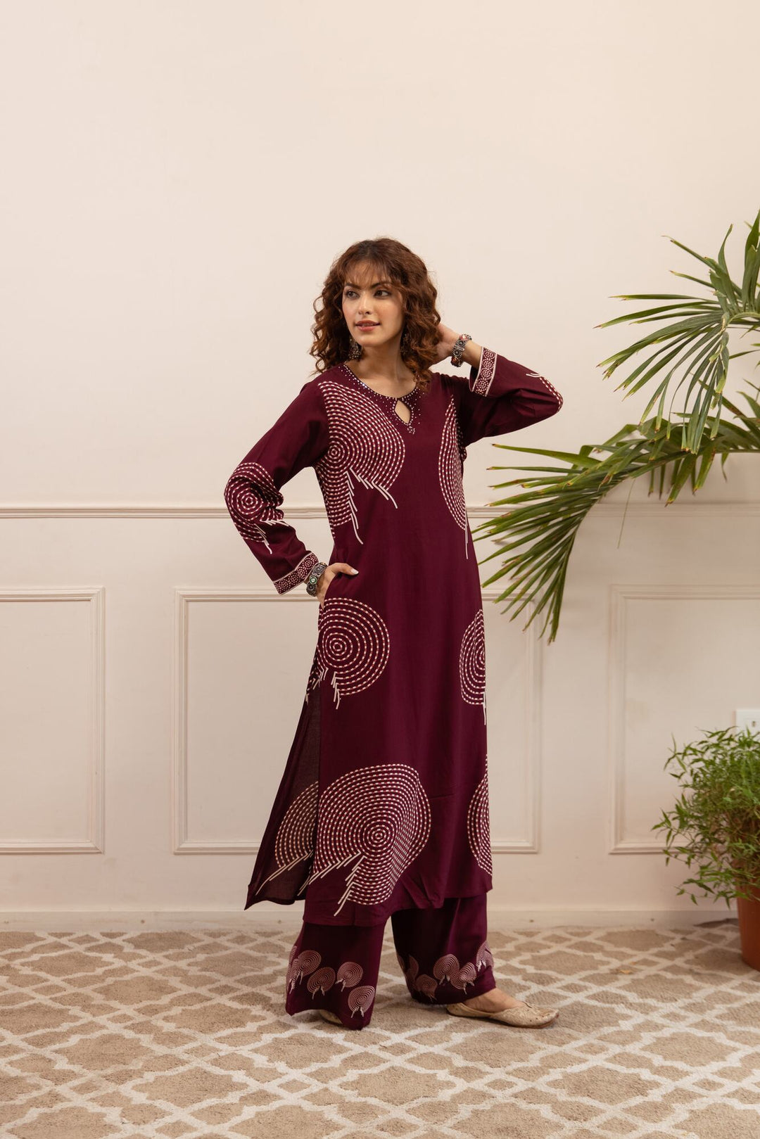 Nehamta Women's Wine German Rayon Kurta & Palazzo Set