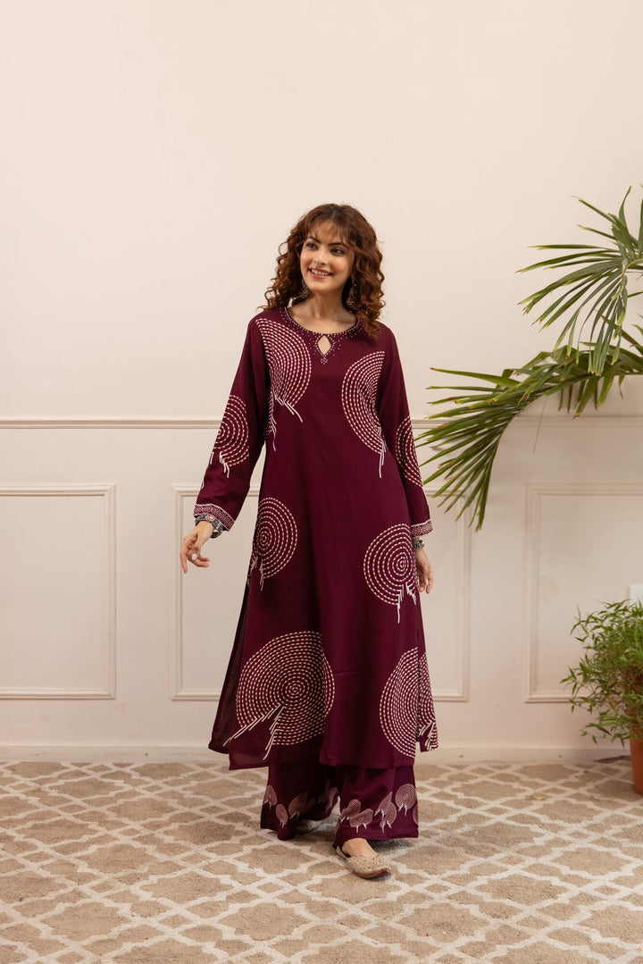 Nehamta Women's Wine German Rayon Kurta & Palazzo Set