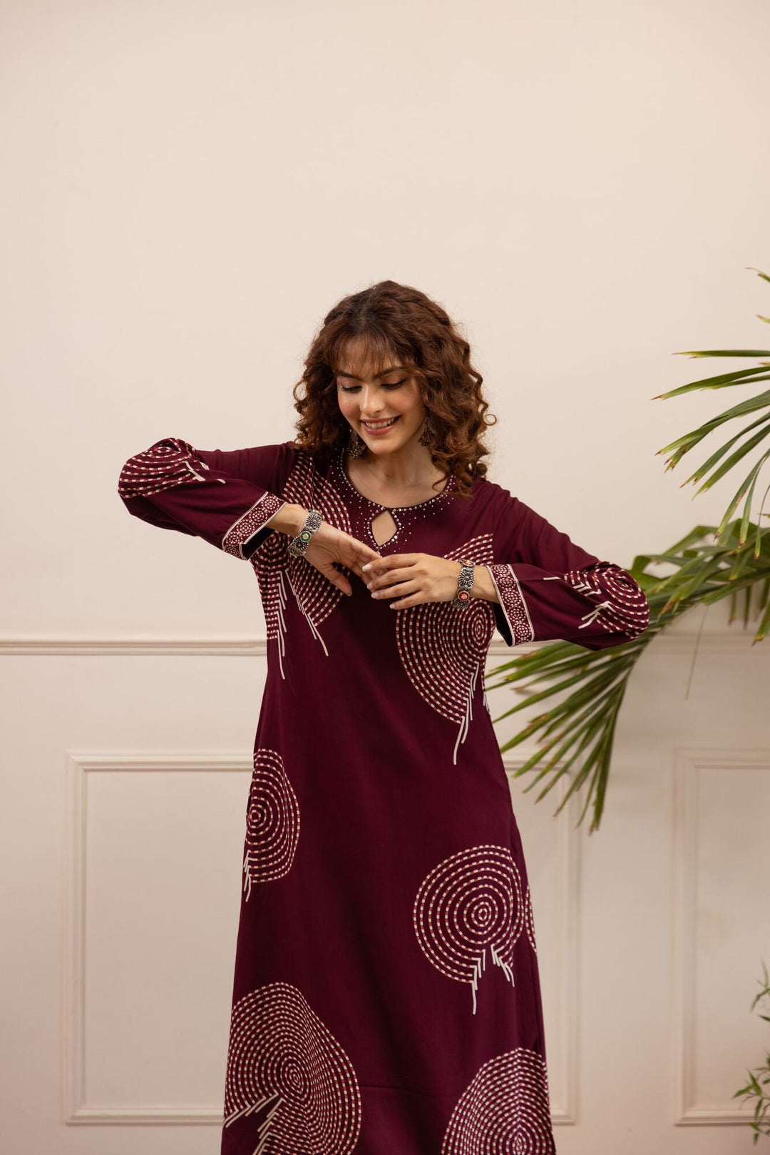 Nehamta Women's Wine German Rayon Kurta & Palazzo Set