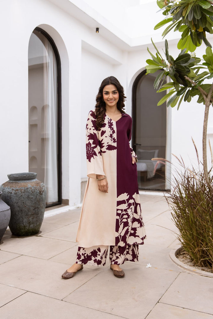 Nehamta Women's Wine German Rayon Kurta & Palazzo Set