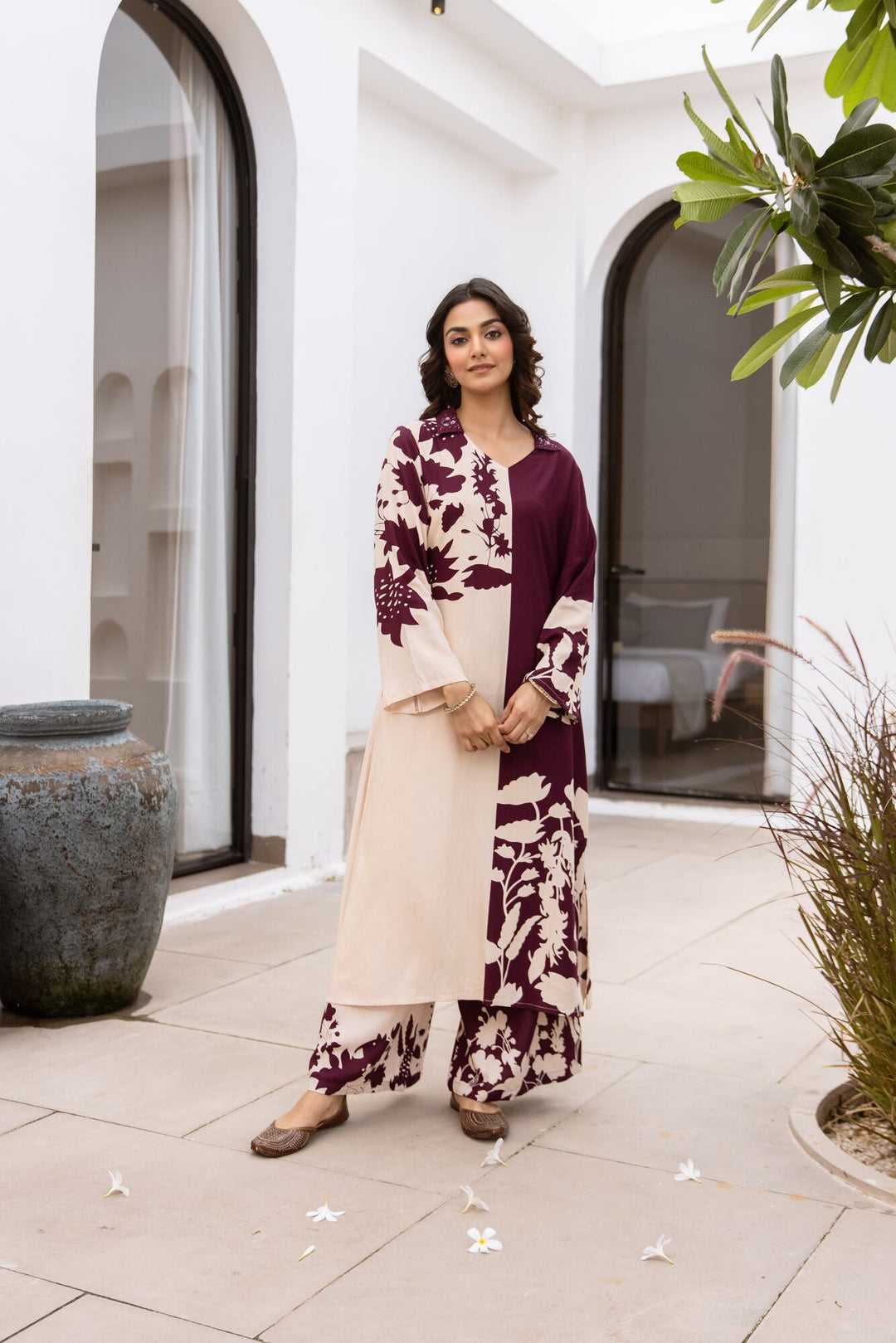 Nehamta Women's Wine German Rayon Kurta & Palazzo Set