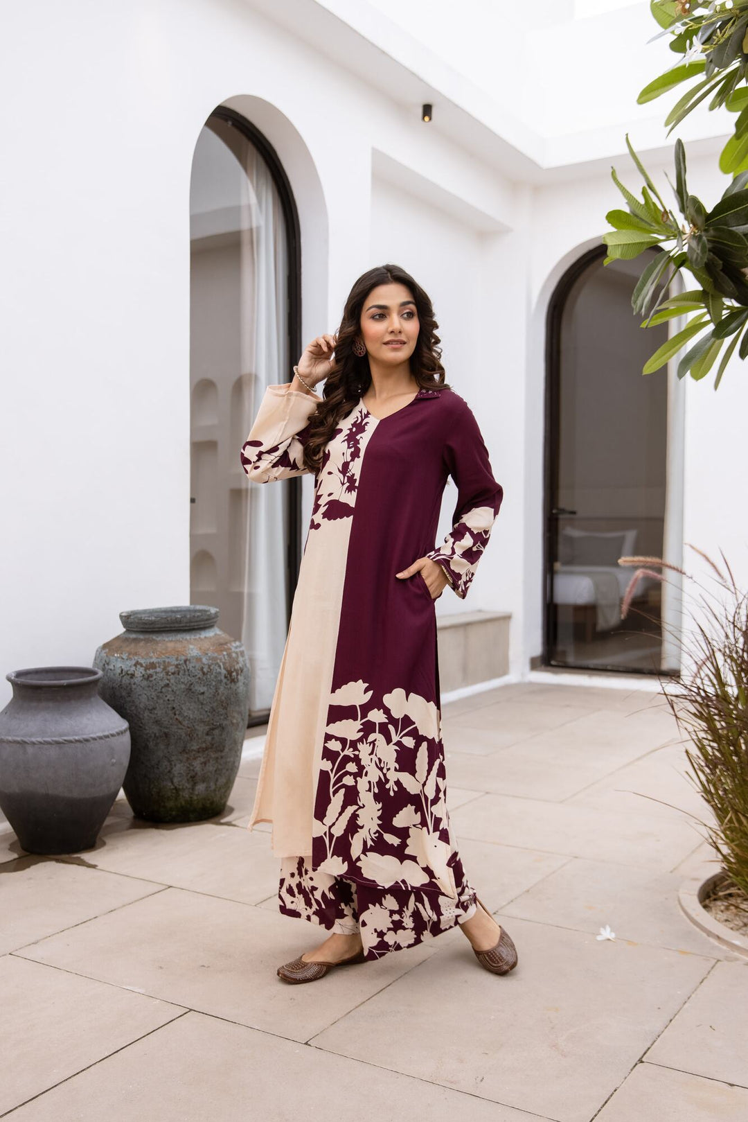 Nehamta Women's Wine German Rayon Kurta & Palazzo Set