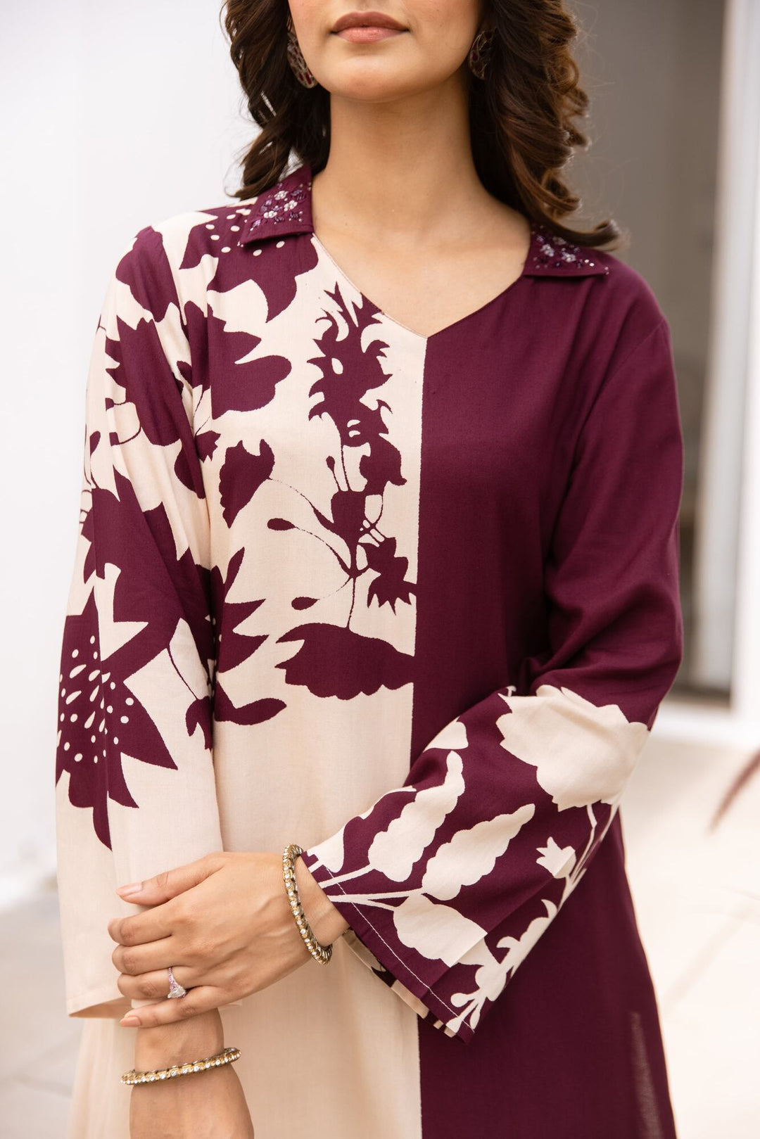 Nehamta Women's Wine German Rayon Kurta & Palazzo Set