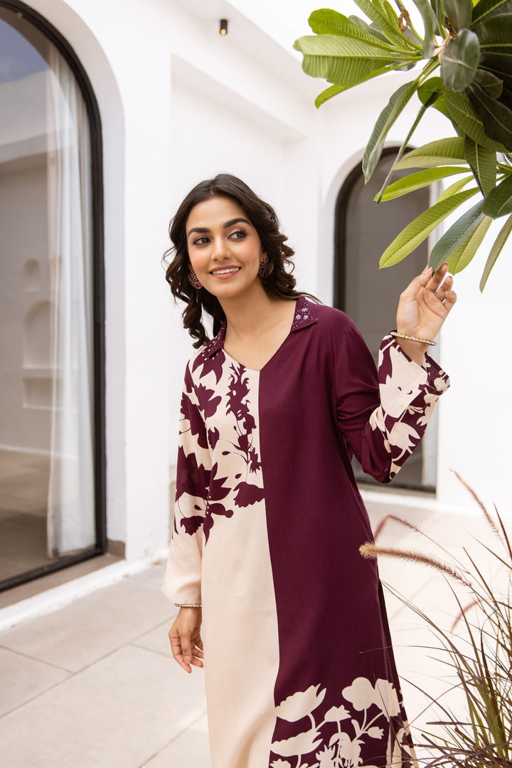 Nehamta Women's Wine German Rayon Kurta & Palazzo Set