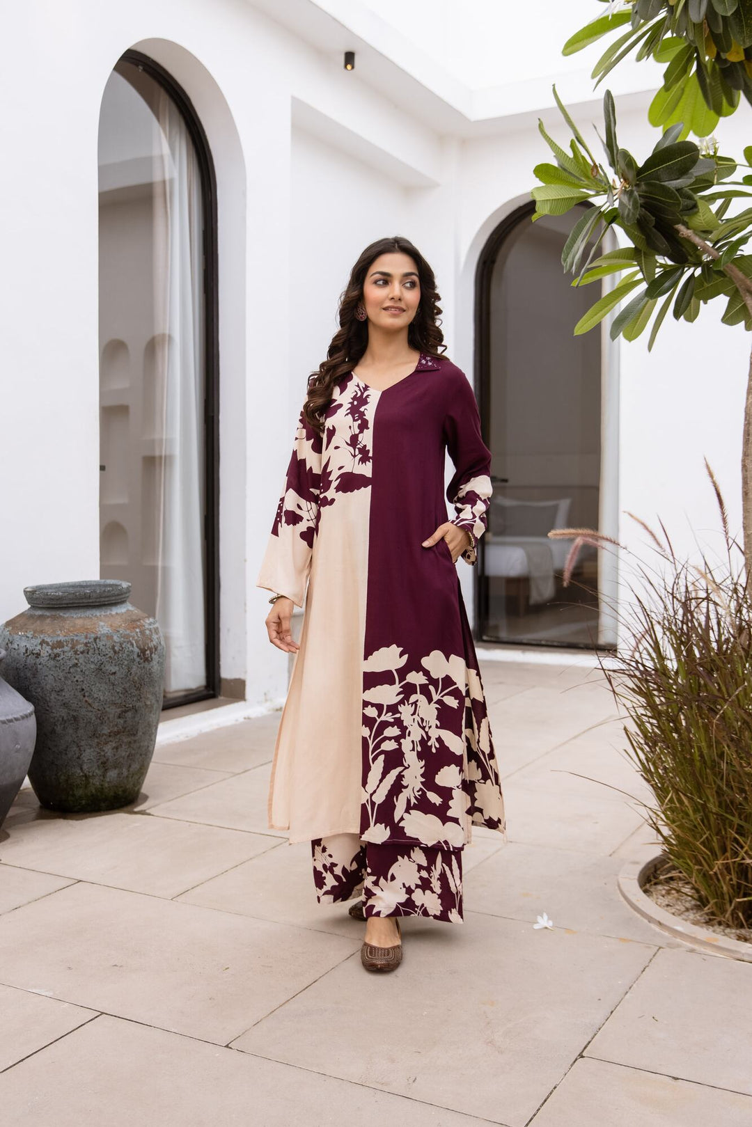 Nehamta Women's Wine German Rayon Kurta & Palazzo Set