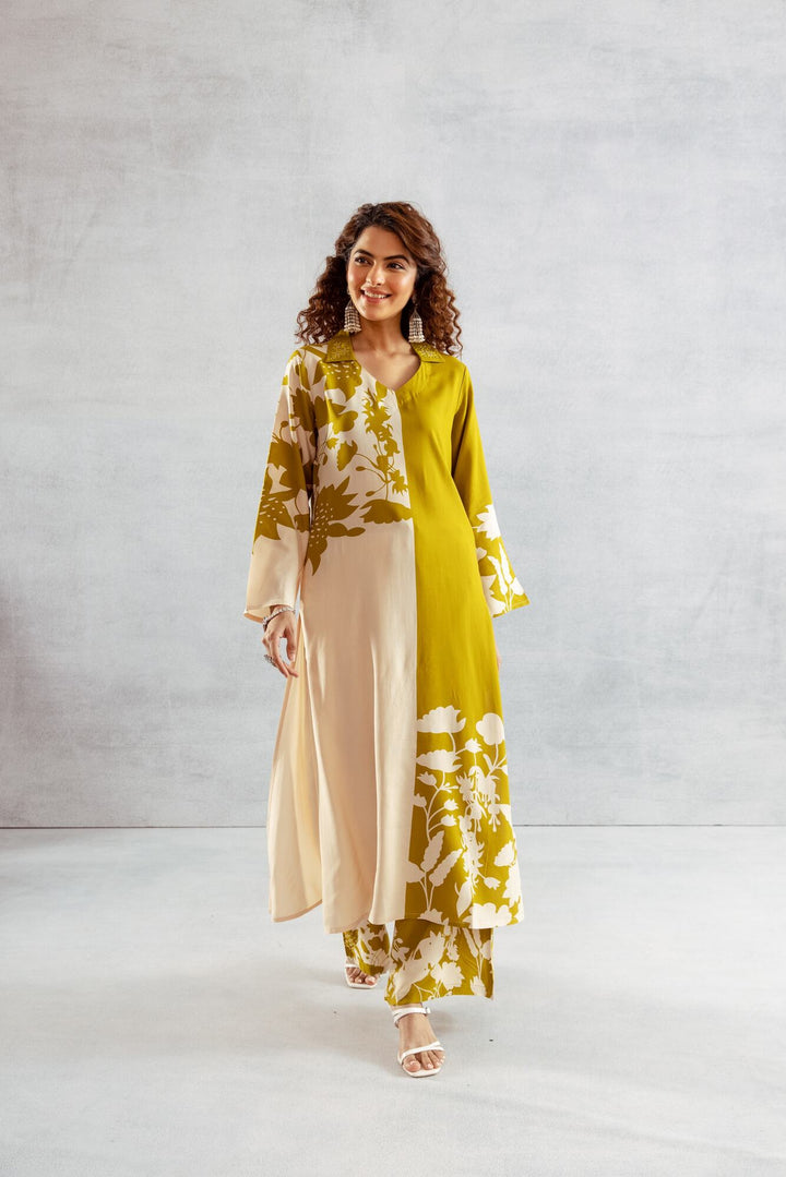 Nehamta Women's Lime Green German Rayon Kurta & Palazzo Set