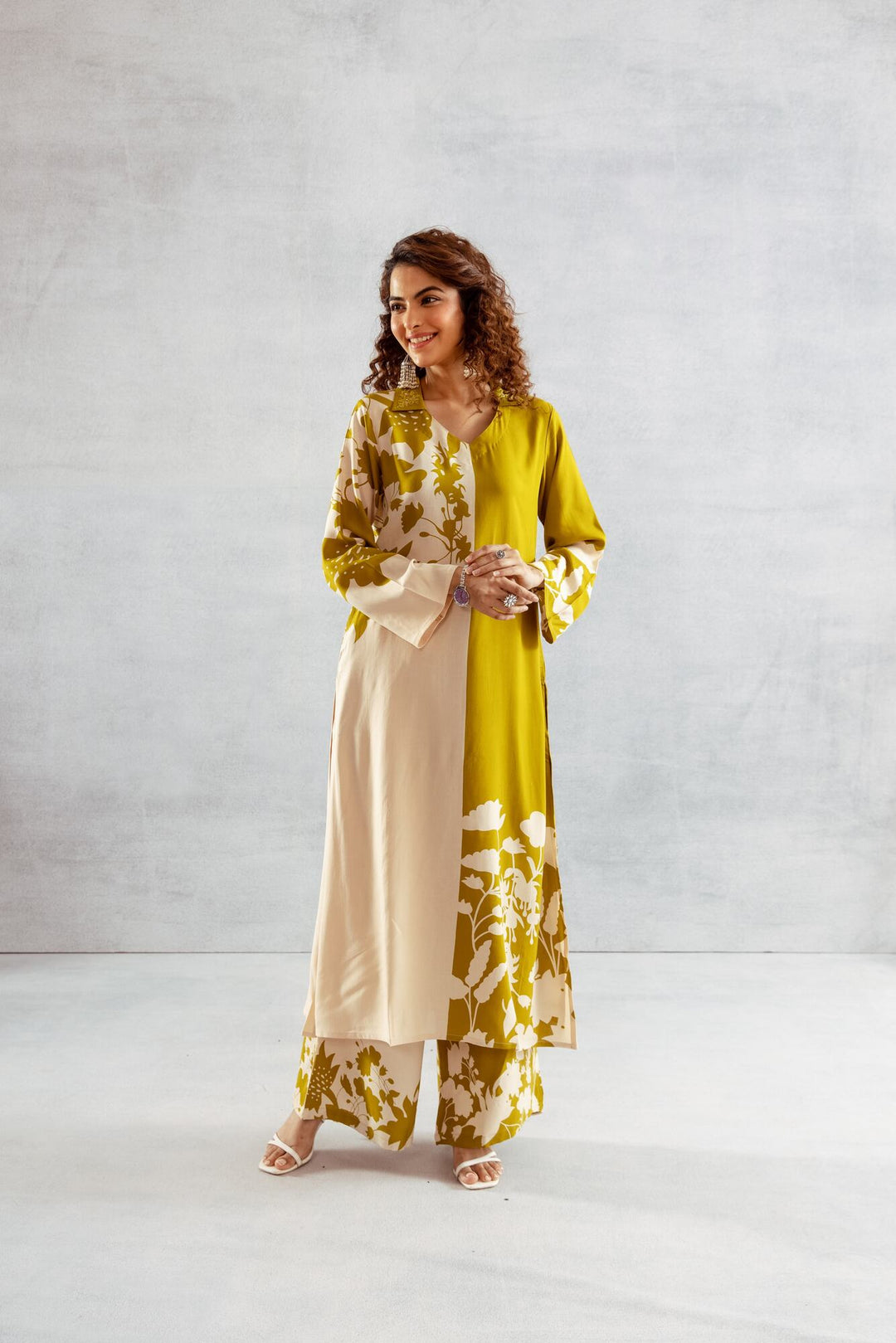 Nehamta Women's Lime Green German Rayon Kurta & Palazzo Set