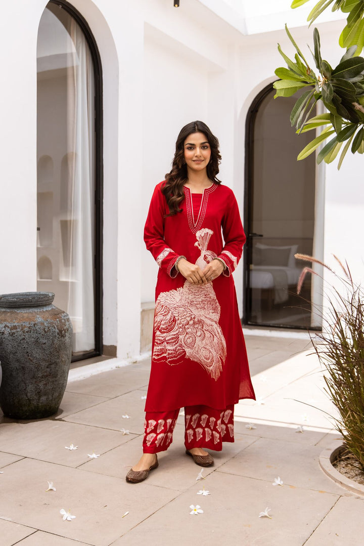 Nehamta Women's Red German Rayon Kurta & Palazzo Set