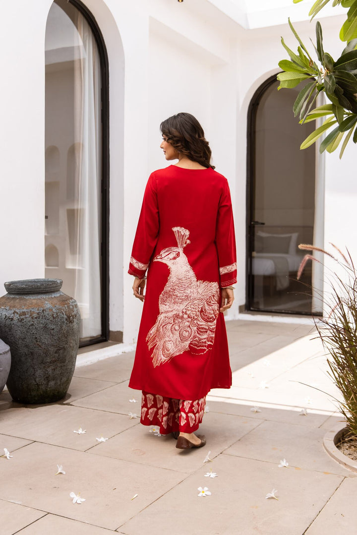 Nehamta Women's Red German Rayon Kurta & Palazzo Set