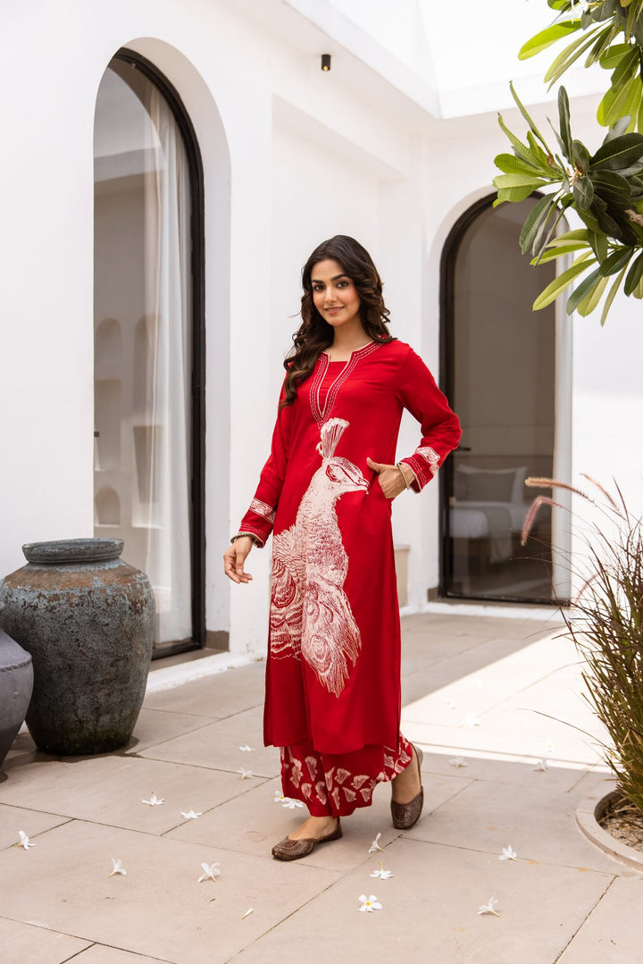 Nehamta Women's Red German Rayon Kurta & Palazzo Set